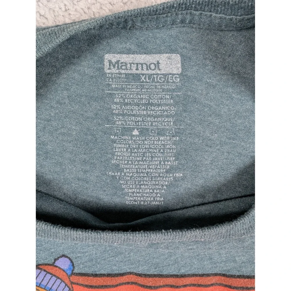 Marmot Mens XL Graphic T-Shirt Blue Heather Hiking Marmot Organic Cotton Blend